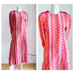 Vintage Chevron Print Pink Tones Dropped Waist Patch Pockets Pleated Midi Dress